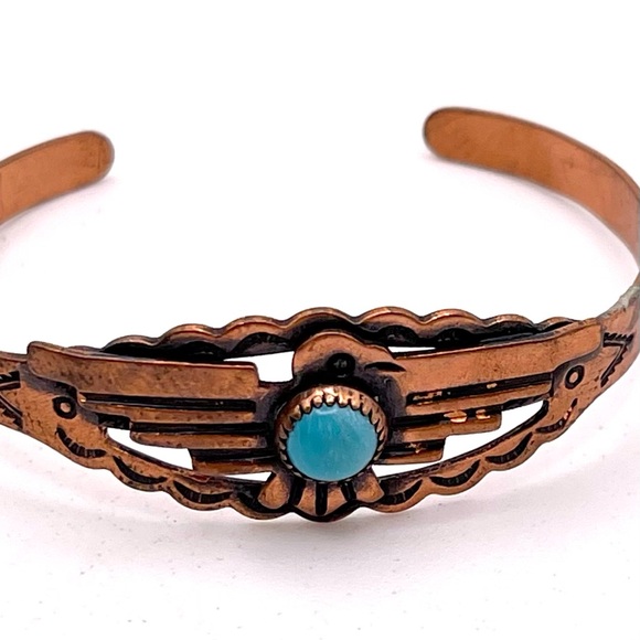 Genuine Solid Copper and Turquoise Navajo Thunderbird Cuff Bracelet Small Size - Picture 5 of 14